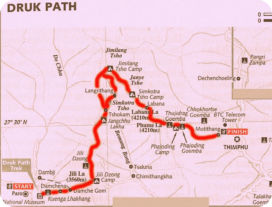 Druk Path Trek in Bhutan Route Map